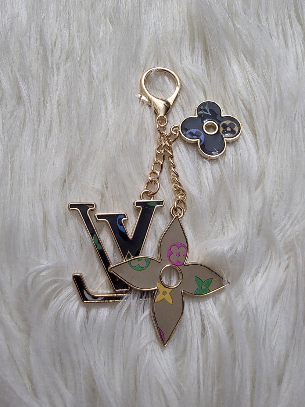 Designer-Inspired Beige and Black Floral Keychain Charm